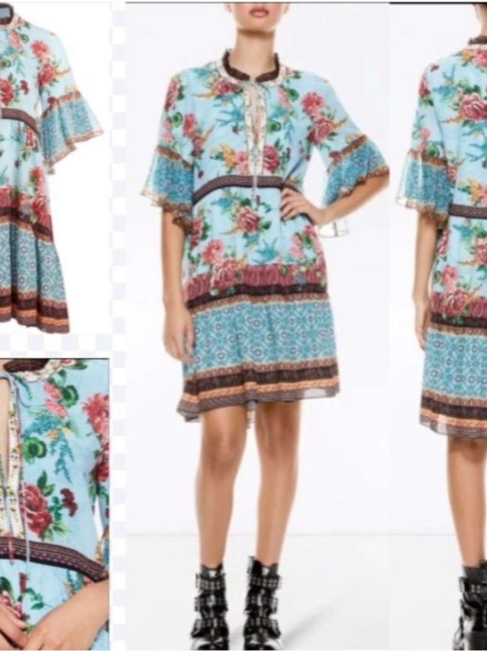 Alice + Olivia Floral Tie-Neck Tunic in Light Blue, Coral and Brown - Picture 2 of 4